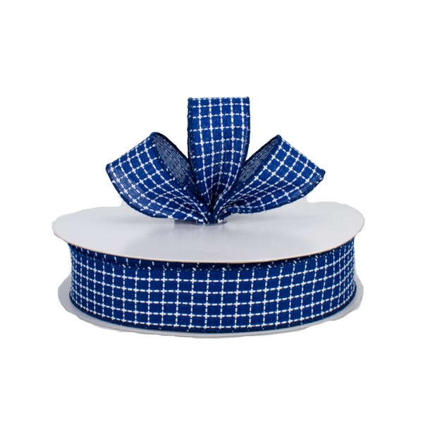 Blue Stitched Fabric 1.5" Wired Ribbon