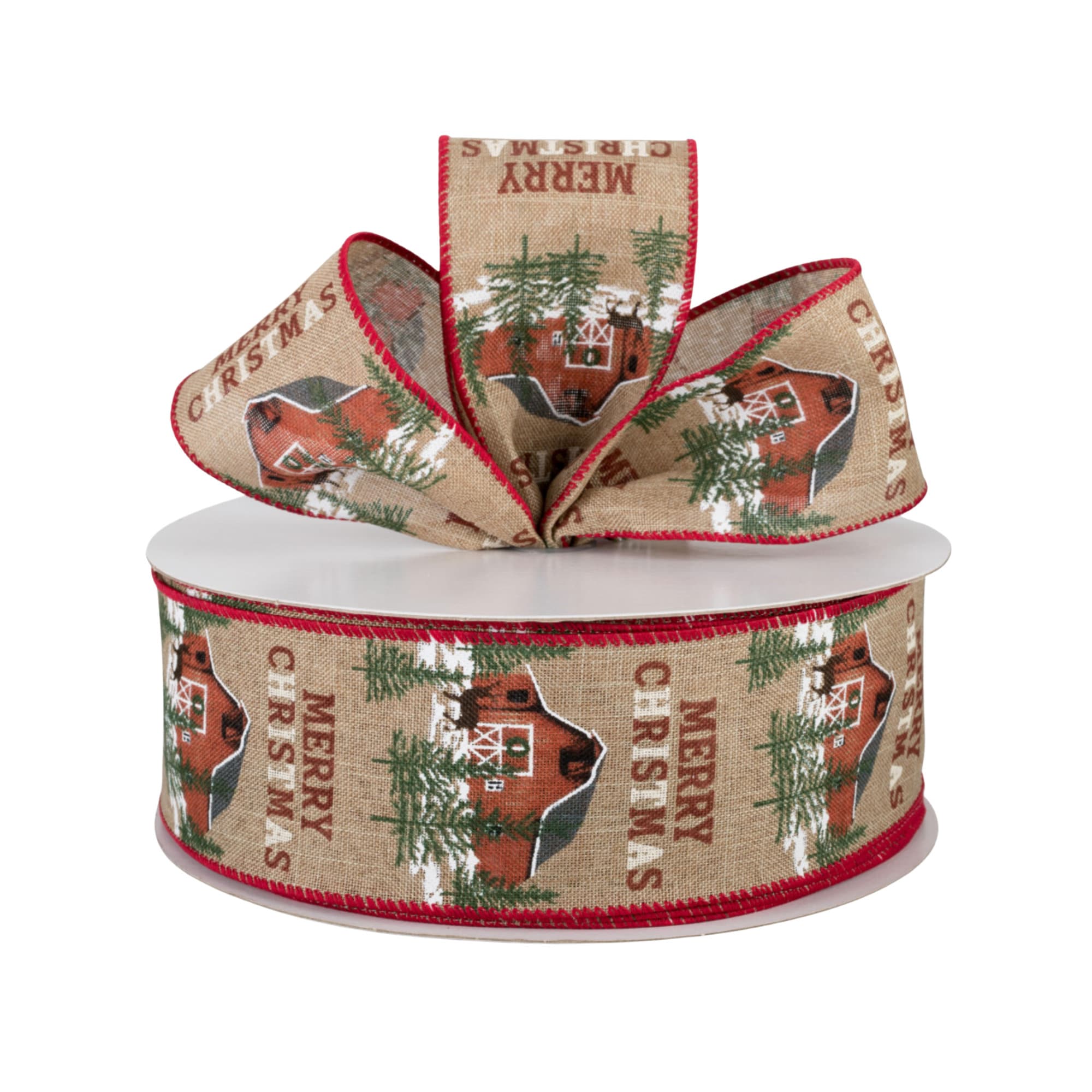 Merry Christmas Red Barn Canvas 2.5" Wired Ribbon