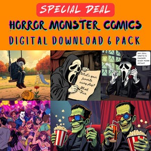 Classic Slasher Monster Horror Cartoon Comic 6 Pack Michael Myers Halloween, Ghost Face Scream, Frankenstein Digital Download Prints