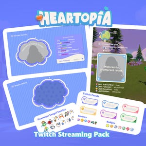 Pode incluir: Um pacote de arte digital para streamers do Twitch, com um tema azul e branco. O pacote inclui sobreposições de webcam, telas de bate-papo e painéis para emotes, emblemas e muito mais. O texto "HEARTOPIA" está no topo e "Twitch Streaming Pack" na parte inferior.