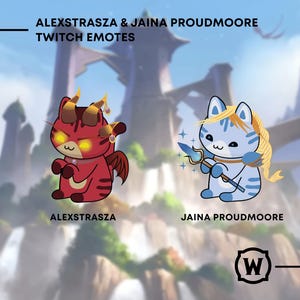 Pode incluir: Dois emotes de gato de desenho animado para Twitch, um vermelho com cauda de dragão e o outro azul com um cajado, com o texto "Alexstrasza & Jaina Proudmoore Twitch Emotes" acima e o texto "Alexstrasza" e "Jaina Proudmoore" abaixo.
