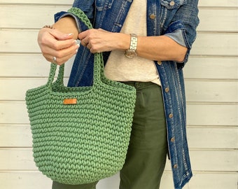 Häkeltasche in grün Farbe, große Shopper gehäkelte, Sommer Beach gehäkelte Handtasche, Runde Häkeltasche aus Baumwollkordel, Geschenke Idee