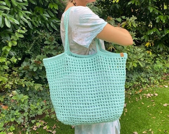 Häkeltasche, türkisblaue Häkeltasche, Einkaufstasche, Einkaufsnetz Tasche, Strandtasche, Bohochic Stil, Sommer Taschen, Happyschick Taschen