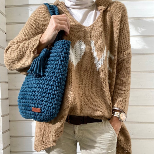 Bolso de mano crochet color azul petróleo, Bolso mujer, Estilo clásico chic, Bolso escandinavo, Bolso hecho a mano en Alemania, Para ella