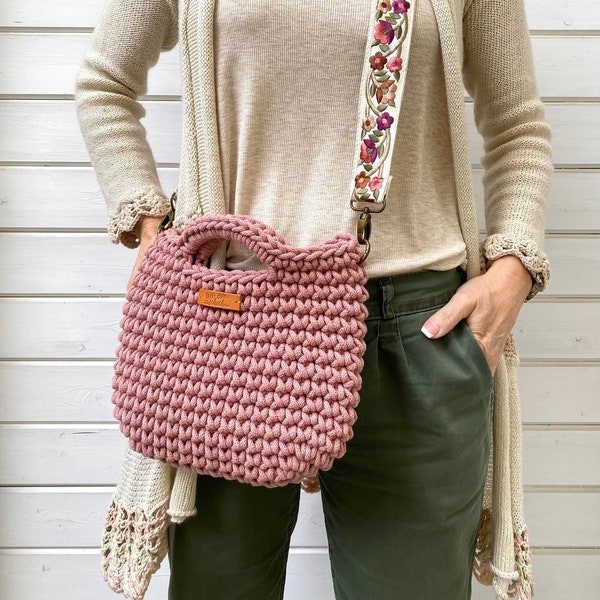 kleine Häkelhandtasche, Häkeltasche aus Baumwollkordel, Handtasche Clutch, Lachs Rosa Handtasche, Geschenke Ideen für Damen in Deutschland