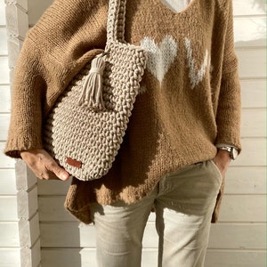 Handmade Tote Handbag, Crochet Shopper bag, Crochet handbag, beige crochet bag, Gift for her, Classic chic, Scandinavian bag, Handmade gift