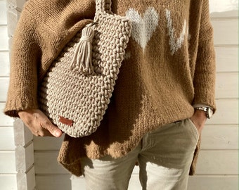Gehaakte handtas, Beige gehaakte tas, Damestas, Klassieke chique tas, Scandinavische tas, Handgemaakte tas in Duitsland,