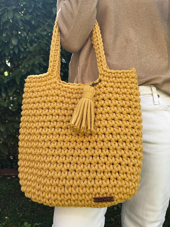 Bolso mano crochet color amarillo, Bolso shopper crochet, Bolso