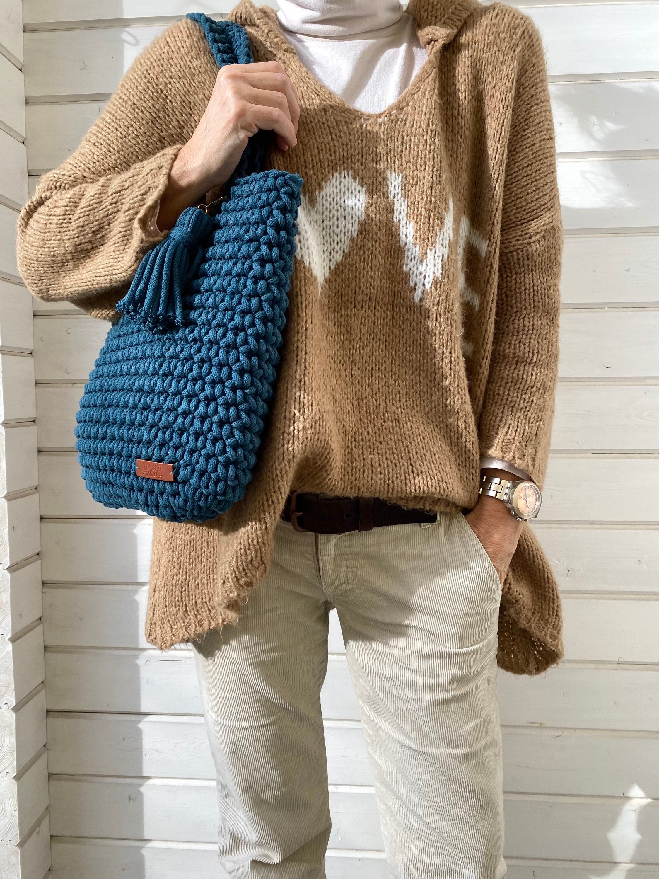 Häkeltasche, gehäkelte Handtasche aus Baumwollkordel, Häkeltasche in petrol blau, Gehäkelte shopper bag, Geschenk für Damen, auf Wunsch