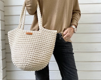 Häkeltasche in Natur Farbe, große Shopper gehäkelte, Sommer Beach gehäkelte Handtasche, Runde Häkeltasche aus Baumwollkordel, Geschenke Idee