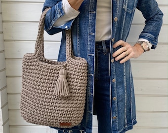 Gehaakte handtas, Beige en bruine gehaakte tas, Damestas, Happyschick tassen, Duurzame mode, Klassieke chique stijl