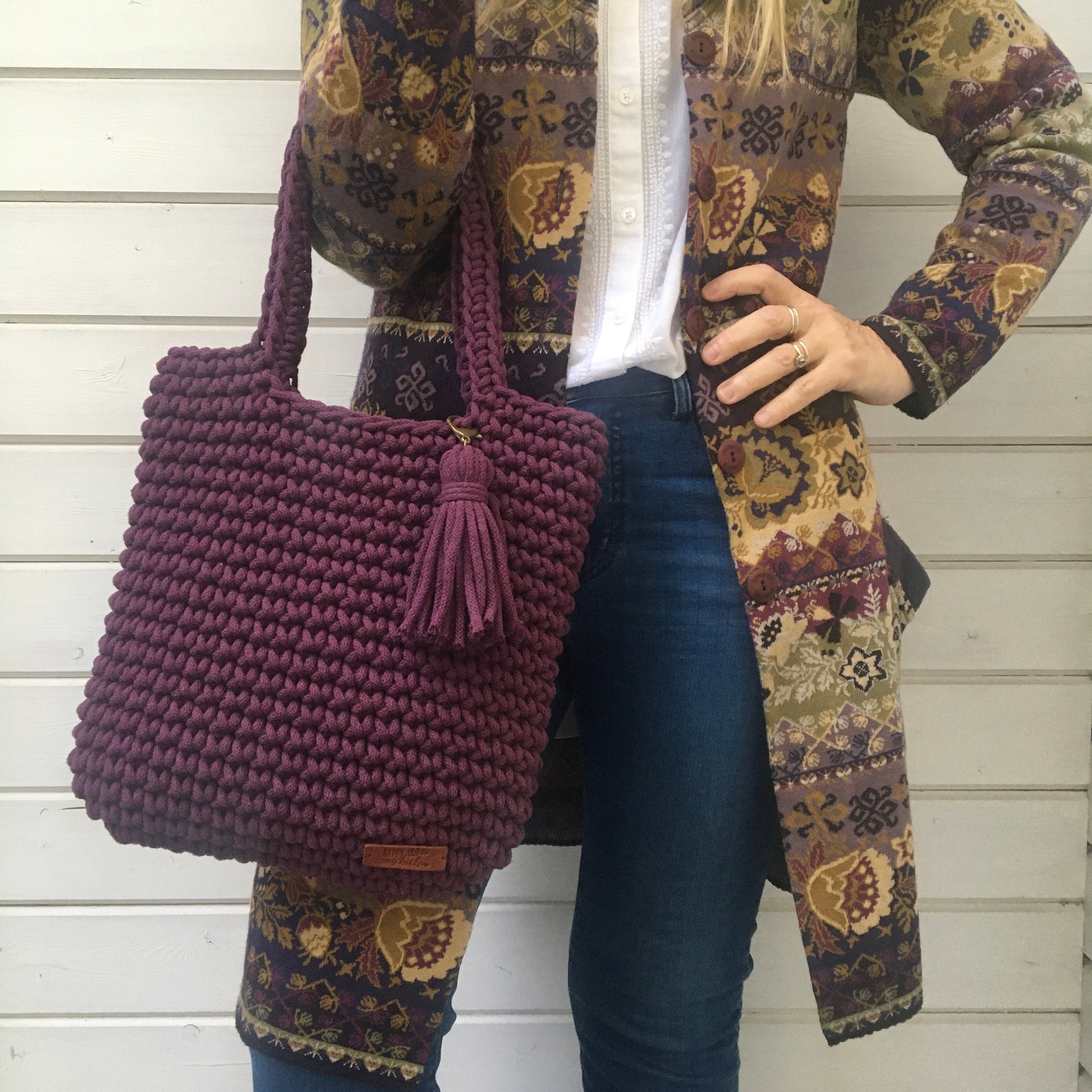 Bolso crochet Bolso de mano crochet color berenjena Bolso mano cuerda de algodon Bolso tendencia Moda sustentable colores disponibles Etsy Espana