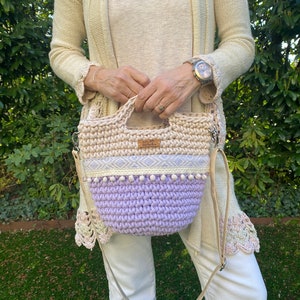 Crocheted handbag, boho chic basket bag, basket bag crochet, handbag with vegan strap, Happyschick, boho bags, summer bags, gifts for her