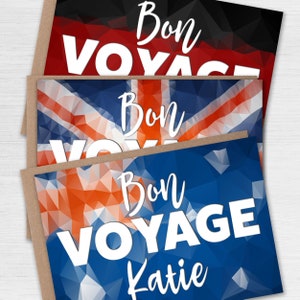Tarjeta personalizada con la bandera "Buen viaje", "Auf Wiedersehen", "Buena suerte", "Salida del país" (tamaño A6/A5/A4)