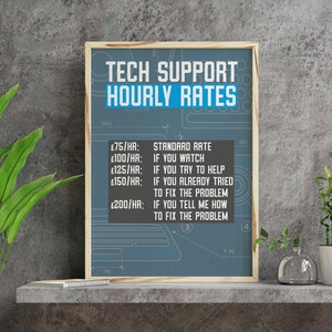 Tech support hourly rates print, wall decor, wall art for office, games room, geek art, technology, IT support, computers (Size: A5/A4/A3)