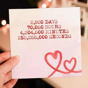 Tarjeta de aniversario personalizada: Días, horas, minutos y segundos (cualquier boda o aniversario para esposa o esposo). Tamaño A6/A5/A4/Cuadrado 15x15 cm.
