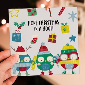 ¡Que la Navidad sea divertidísima! Tarjeta navideña con diseño de búho, ideal para amigos, familiares, colegas y compañeros de trabajo (tamaño A6/A5/A4/cuadrado 15x15 cm).