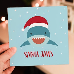サンタジョーズサメの海の生き物、クリスマス、休日、クリスマス、子供、幼児、赤ちゃん、甥っ子向けのお祝いカード (サイズ A6/A5/A4/正方形 6x6 インチ)