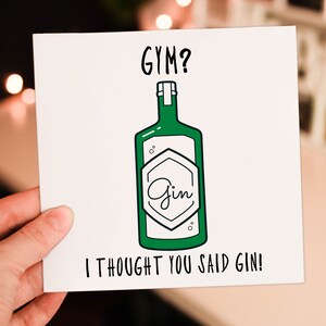 ¿Gimnasio? ¡Creí que dijiste ginebra! Tarjeta de cumpleaños divertida sobre gimnasio, ginebra, alcohol, entrenamiento y entrenador personal (tamaño A6/A5/A4/cuadrado 15x15 cm)
