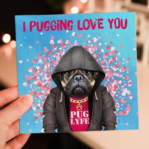 Tarjeta de San Valentín "Te amo, pug con ropa". Para esposa, esposo, novia o novio (Animalyser) (tamaño A6/A5/A4/cuadrado 6x6")