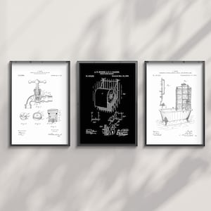 Patent drawing, design drawings black and white prints, wall art, decor for bathroom, toilet, WC, shower, toilet roll, taps (Size: A5/A4/A3)