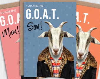 Funny G.O.A.T. Birthday Card: Animal in Clothes for Family Members, Animalyser (A6/A5/A4/Square)