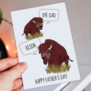 Adiós papá, bisonte, adiós hijo. Tarjeta divertida y de broma para el Día del Padre, con un bisonte, para papá, de parte de su hijo, niño o niños (tamaño A6/A5/A4).