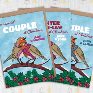 To a special couple at Christmas personalised with names robins couple's Holidays, Xmas, festive card for son, daughter in-law Size A6/A5/A4