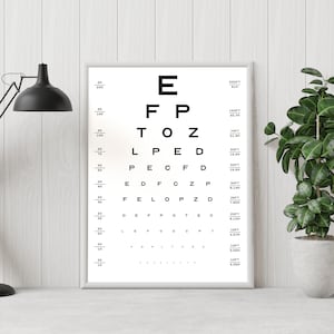 Impresión de tabla de examen de la vista para ópticos: Arte mural tipográfico en blanco y negro (A5/A4/A3)