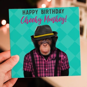 Tarjeta de cumpleaños con un mono travieso, lindo animal con ropa, para niño, sobrina, sobrino, hijo, hija (Animalyser). Tamaño A6/A5/A4/Cuadrado.
