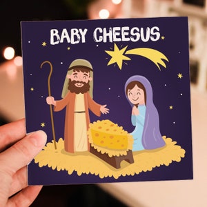 Tarjeta festiva de Baby Cheesus con Jesús, queso, Navidad, fiestas, para amigos, compañeros de trabajo (tamaño A6/A5/A4/cuadrado 6x6")