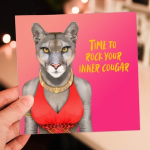 Cougar, couguars dans des vêtements amusants, jolies cartes pour anniversaires, adultes, femme, femmes, dame, femme (Animalyseur) (taille A6/A5/A4/carré 6 x 6 pouces)