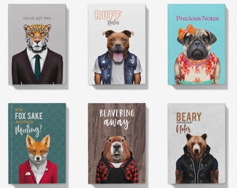 Animals in clothes notebook, journal with beaver, bear, pug, dog, jaguar, fox for work, college, school, university, gift, present (A5, A4)