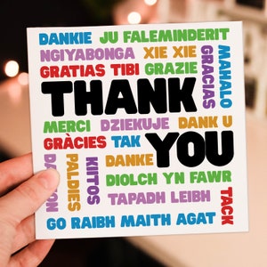 Tarjeta de agradecimiento en diferentes idiomas, merci, danke, gracias, grazie, tak, xie xie, kiitos para amigos y profesores (tamaño A6/A5/A4/cuadrado 6x6")