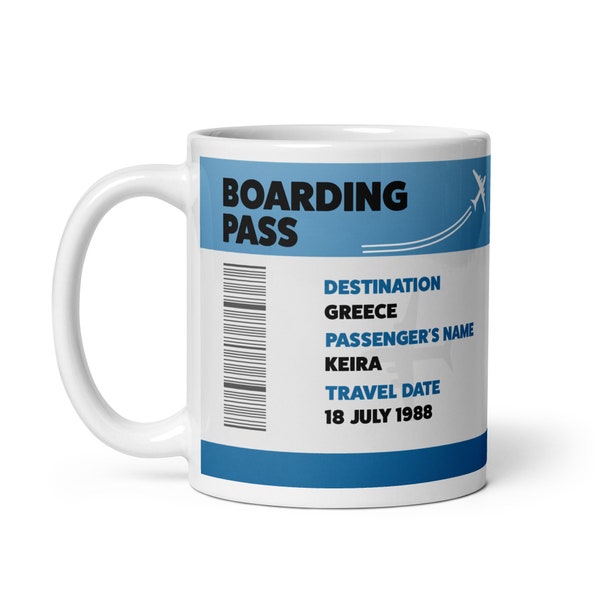 Personalised boarding pass, flight, aeroplane 11oz, 15oz mug with name, destination, memorable date, bon voyage gift, traveller mug