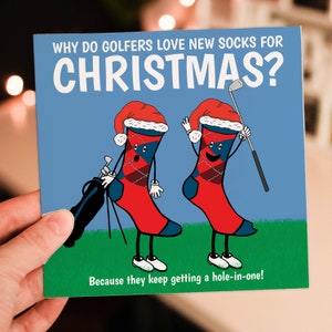 Divertida tarjeta navideña con calcetines y temática de golf para golfistas y entusiastas: ¿Por qué a los golfistas les encantan los calcetines nuevos para Navidad? (Tamaño A6/A5/A4/Cuadrado 6x6")
