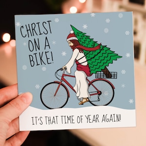 Tarjeta navideña divertida, grosera, ofensiva, antirreligiosa y blasfema de Cristo en bicicleta (tamaño A6/A5/A4/cuadrada de 6x6 pulgadas).
