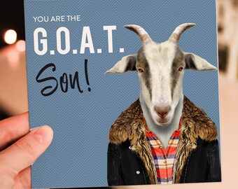 Greatest of All Time G.O.A.T Son Goat in Clothes Birthday Card in Blue or  Green From Mum and Dad animalyser size A6/a5/a4/square 6x6 