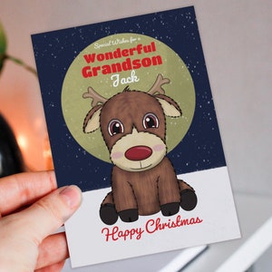 Tarjeta de Navidad personalizada con nombre y un adorable reno para un niño, hijo, hija, nieto o nieta (tamaño A6/A5/A4).