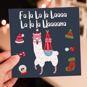 Llama de alpaca con gorro de Papá Noel. Tarjeta navideña para amigos, colegas, hombres y mujeres (tamaño A6/A5/A4/cuadrado 6x6").
