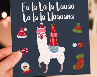 Fa la la la la llama alpaca in santa hat Christmas, Holidays card for friends, mates, buddies, male, female (Size A6/A5/A4/Square 6x6")