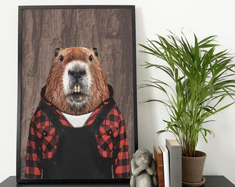 Beaver in clothes, wearing clothes animal, beaver tree bark print, wall art, wall decor, Animalyser (Size: A5/A4/A3)