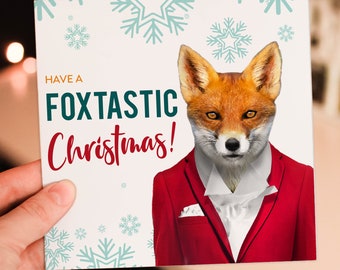 Have a Foxtastic, fantastic Christmas cute, fox, animal in clothes Holidays, Xmas, festive card (Animalyser) (Size A6/A5/A4/Square 6x6")