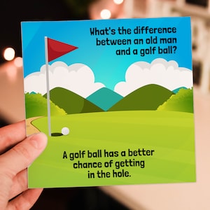 Tarjeta de cumpleaños divertida y grosera con un anciano, sobre la vejez y las indirectas: ¿Cuál es la diferencia entre un anciano y una pelota de golf? (Tamaño A6/A5/A4/Cuadrado 15x15 cm)