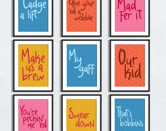 Manchester, Mancunian, Manc dialect, popular phrases, funny sayings prints, hallway wall art, living room wall decor (Size: A5/A4/A3)