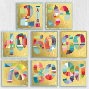 Tarjeta de cumpleaños 21, 30, 40, 50, 60, 70, 80, 90 laminada en oro con letras coloridas para adultos, mamá, papá, abuelos, padres