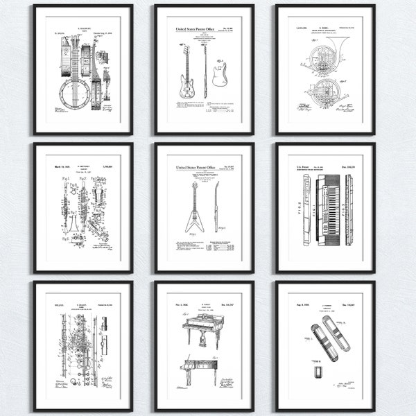 Musical instrument patent drawings, piano, violin, guitar, saxophone, trumpet black and white print, wall art, decor, poster (Size A5/A4/A3)