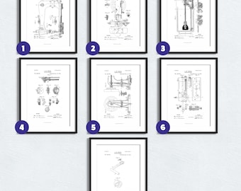 Sewing machine patent drawings black and white print, wall art, decor, poster seven different drawings for sewer, seamstress, Size: A5/A4/A3