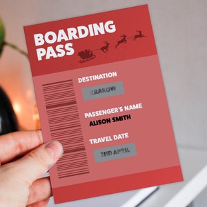 Tarjeta navideña para raspar y revelar: vacaciones, destino sorpresa, cualquier destino, cualquier nombre, cualquier fecha, diseño de tarjeta de embarque
