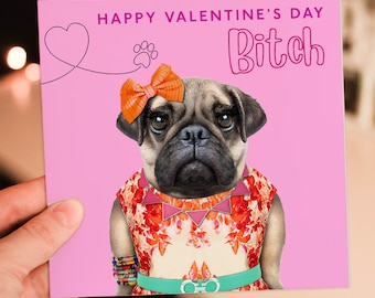 Valentinstag Hündin Mops Hund Tier Kleidung Karte für Frau, Freundin, Frau, Galentine (Animalyser) Größe A6/A5/A4/Square